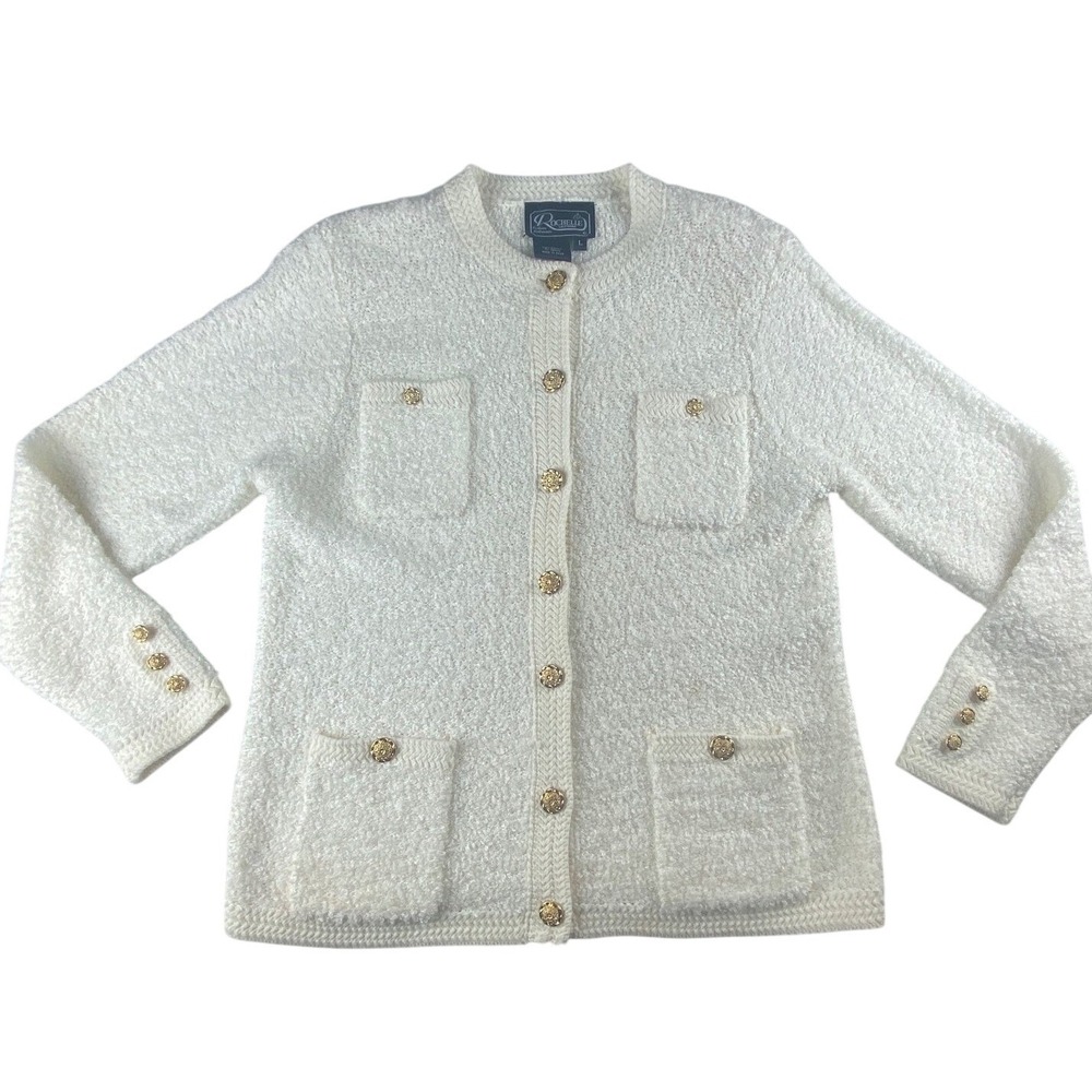 Rochelle Fashion Knitwear Women White Boucle Cardigan Gold Button Sweater Large